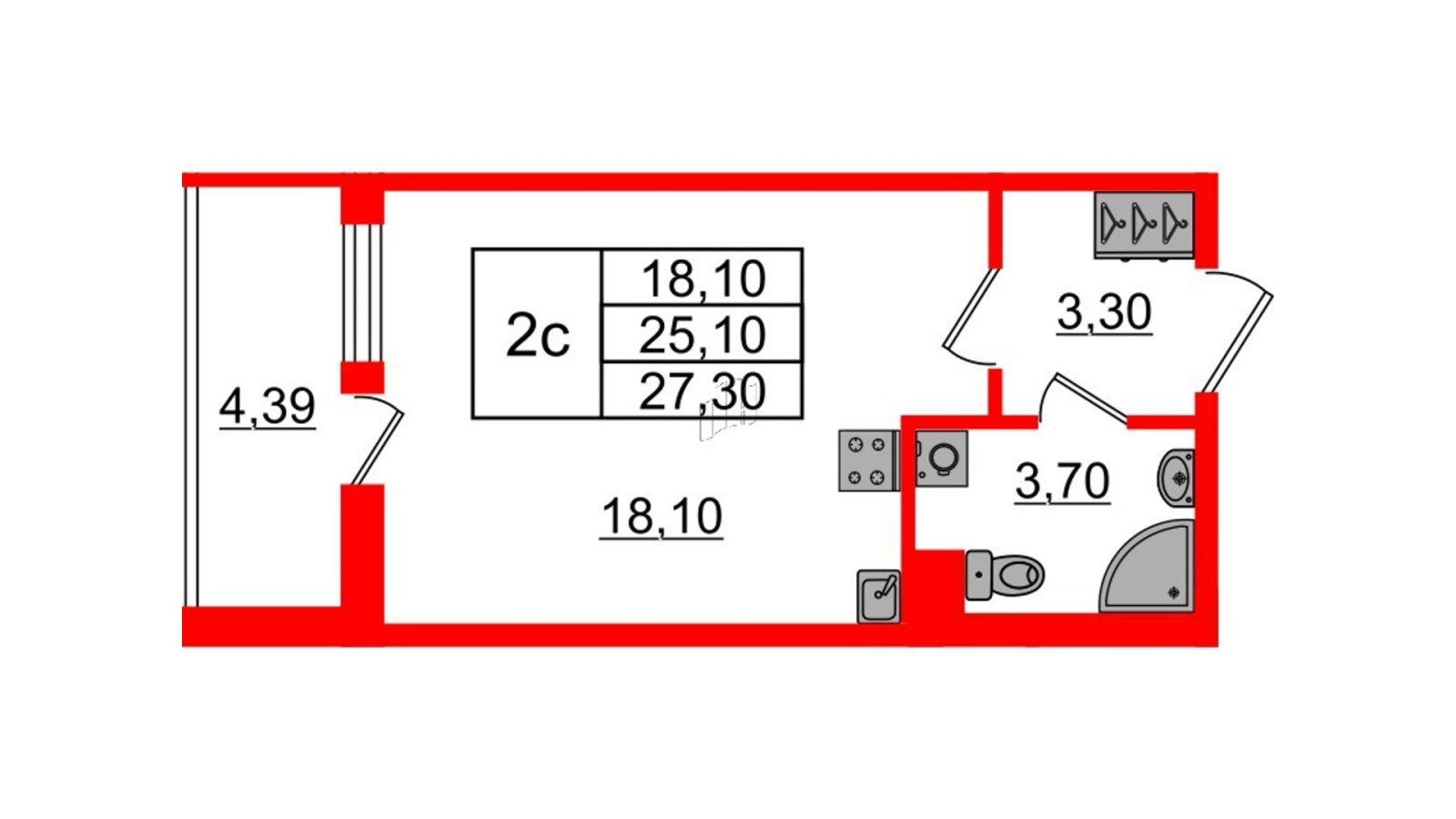 Планировка: студия, 25,1 м²