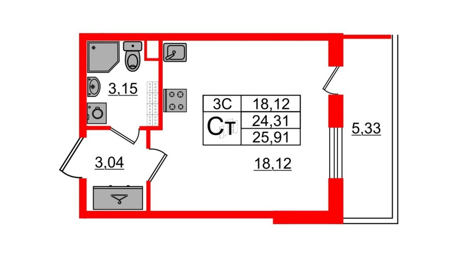 Планировка: студия, 24,0 м²
