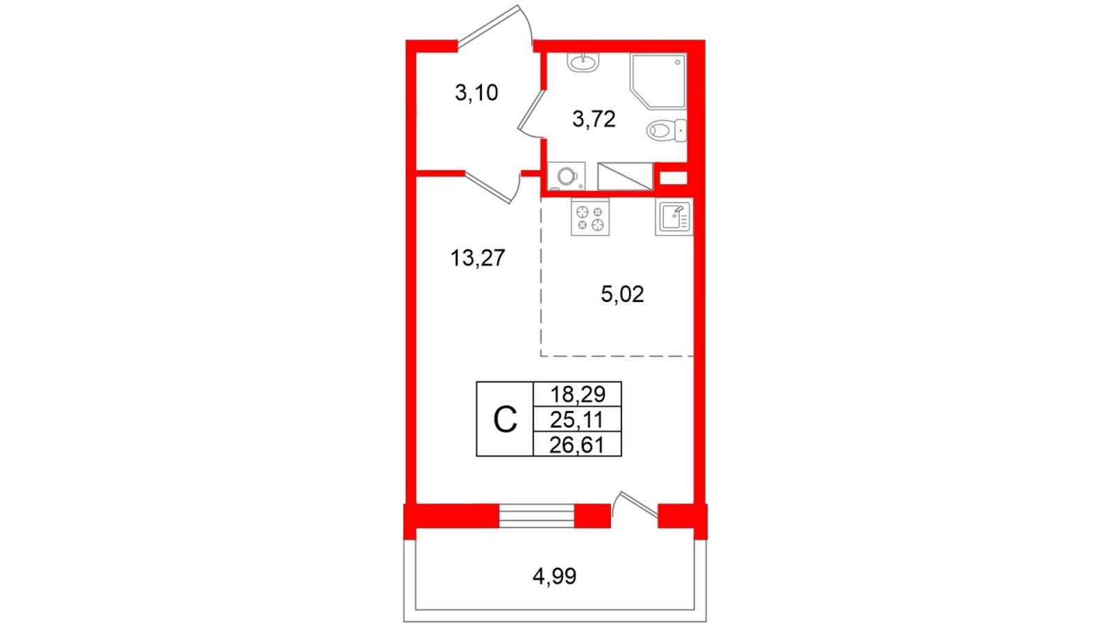 Планировка: студия, 25,1 м²