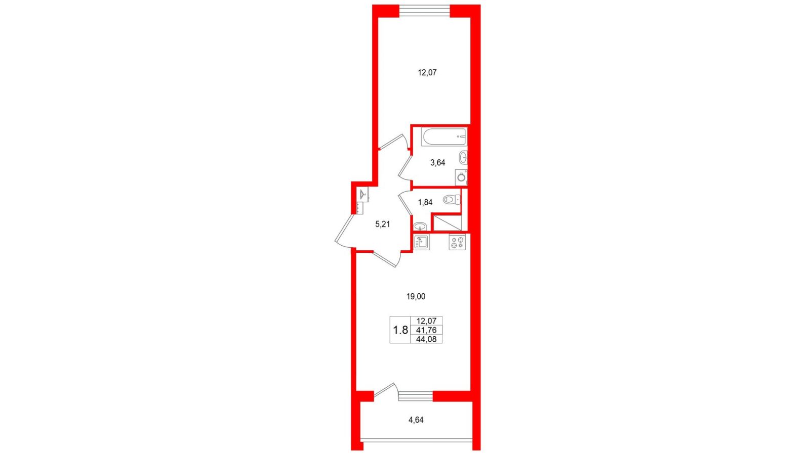 Планировка: 1-комнатная квартира, 41,8 м²