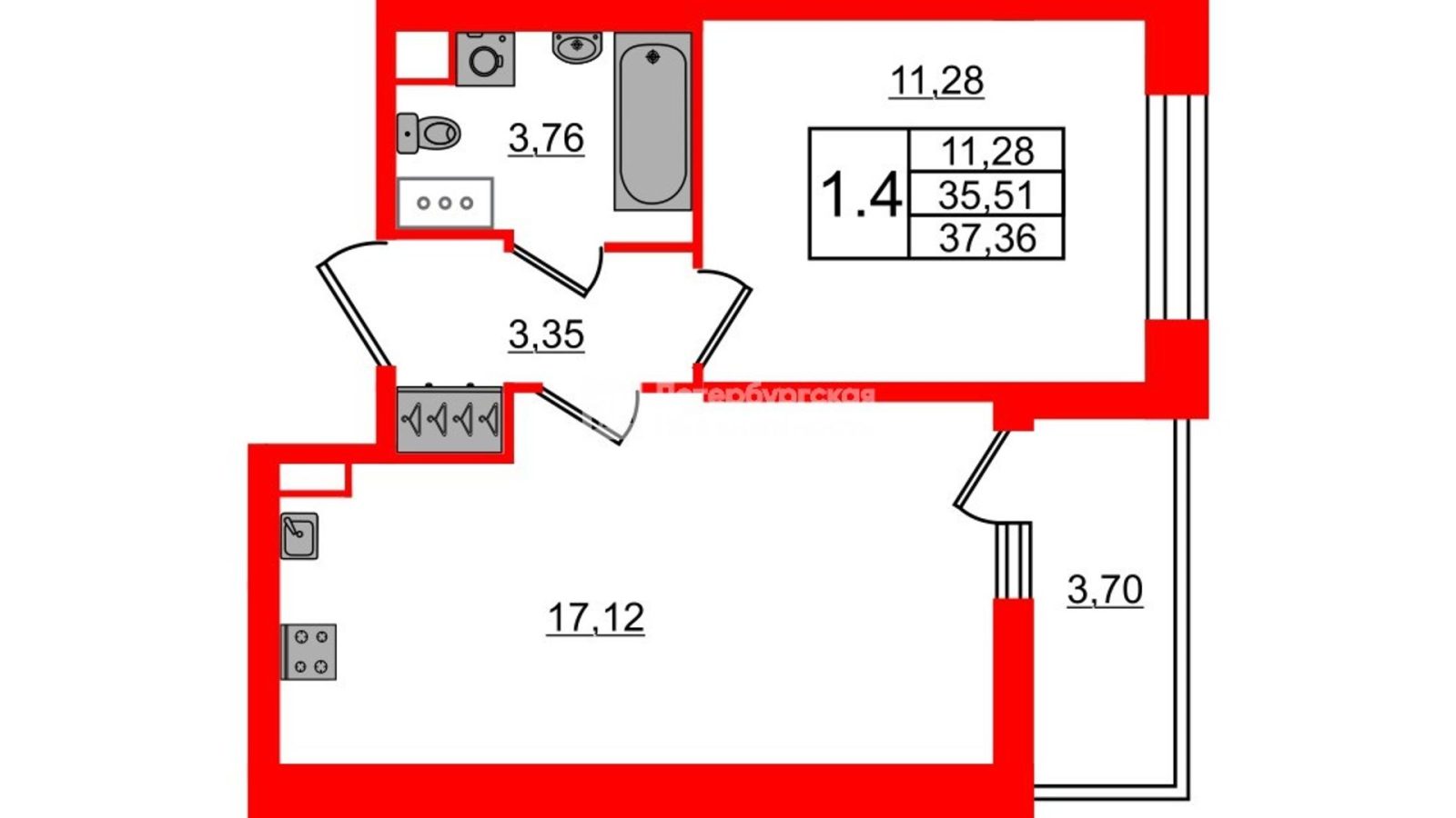 Планировка: 1-комнатная квартира, 35,5 м²