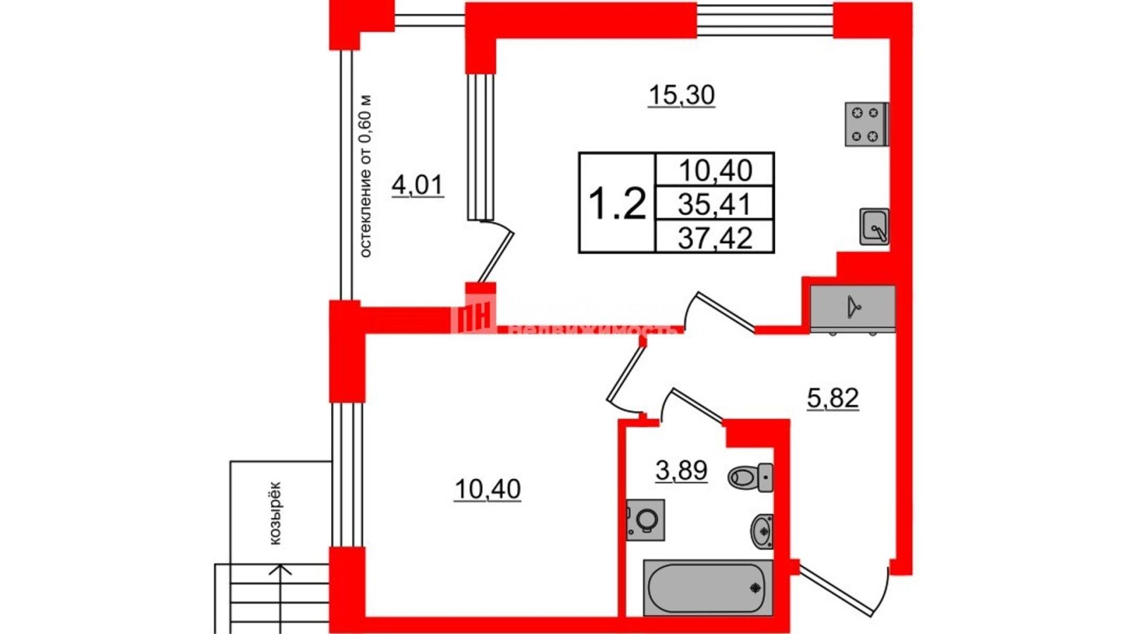 Планировка: 1-комнатная квартира, 35,4 м²