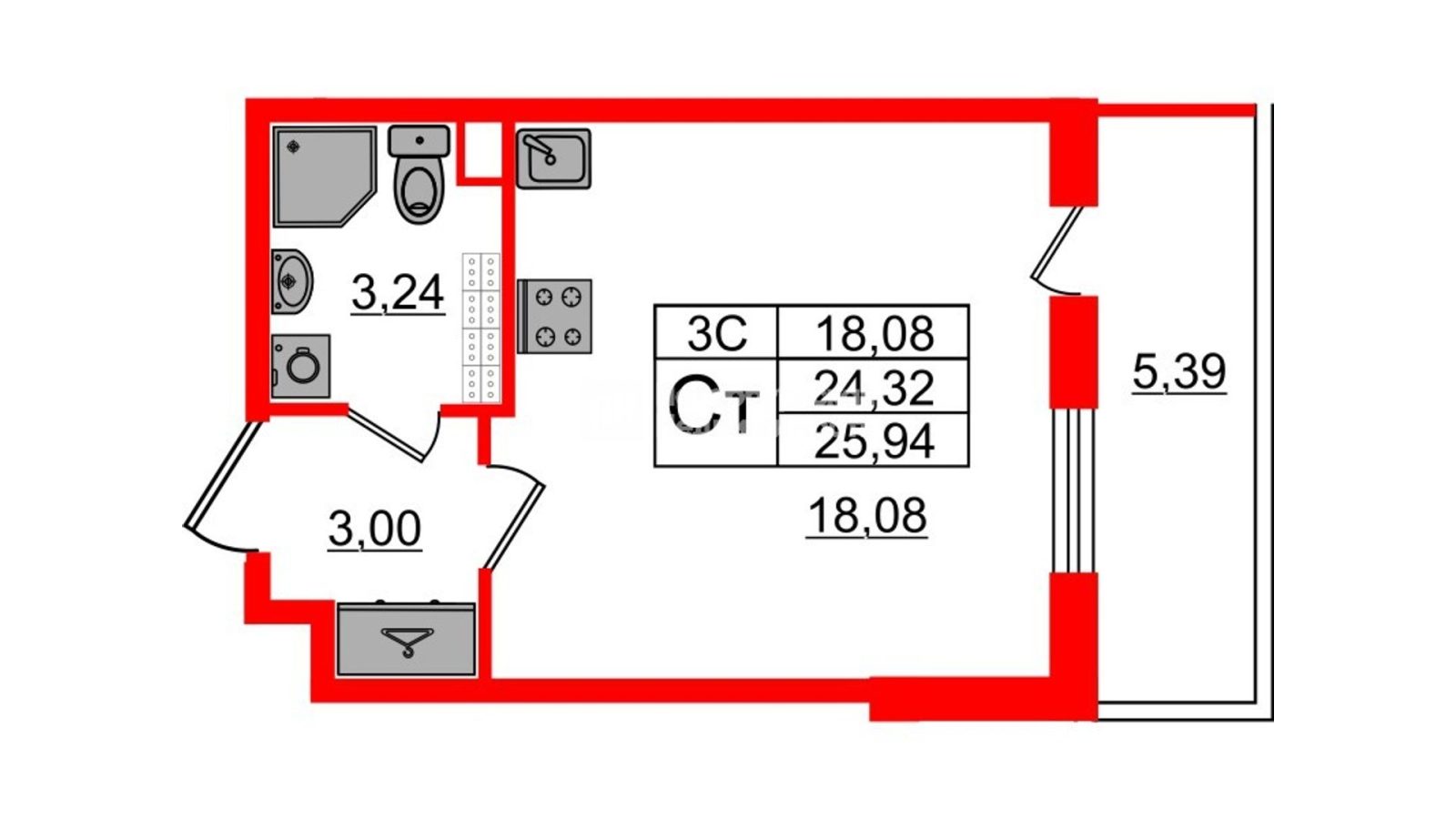 Планировка: студия, 23,8 м²