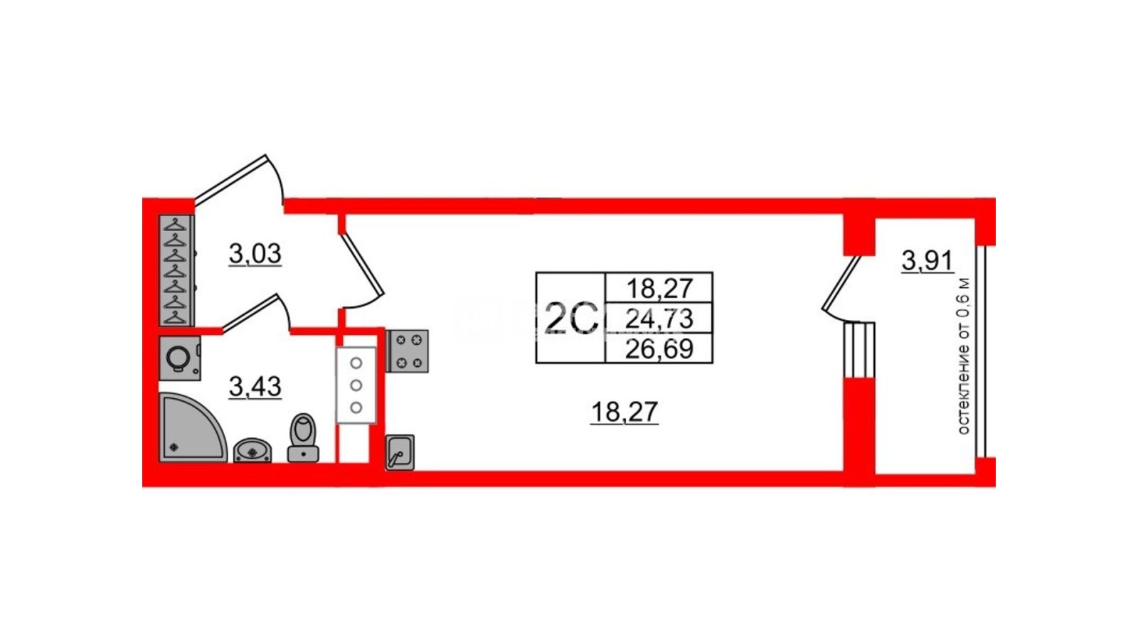 Планировка: студия, 24,7 м²