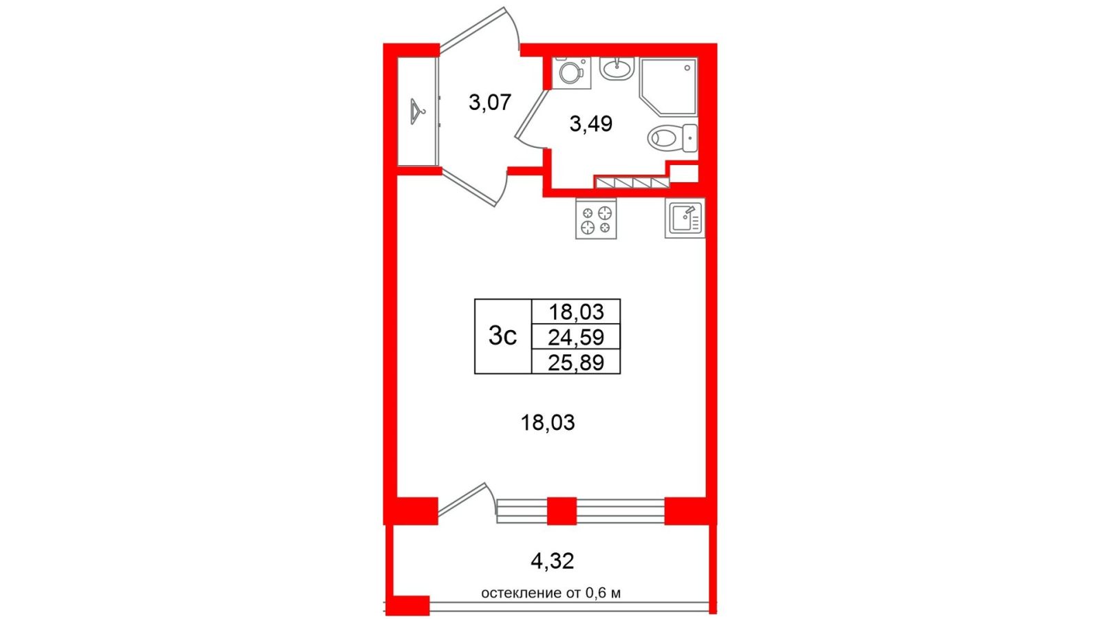 Планировка: студия, 24,6 м²