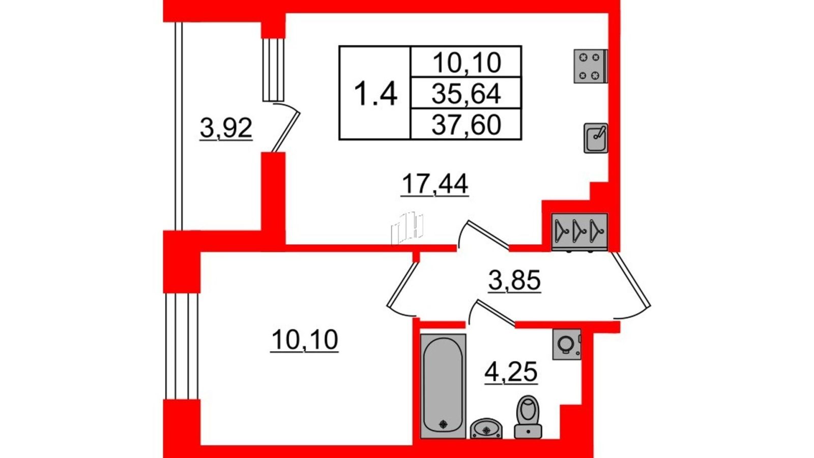 Планировка: 1-комнатная квартира, 35,6 м²