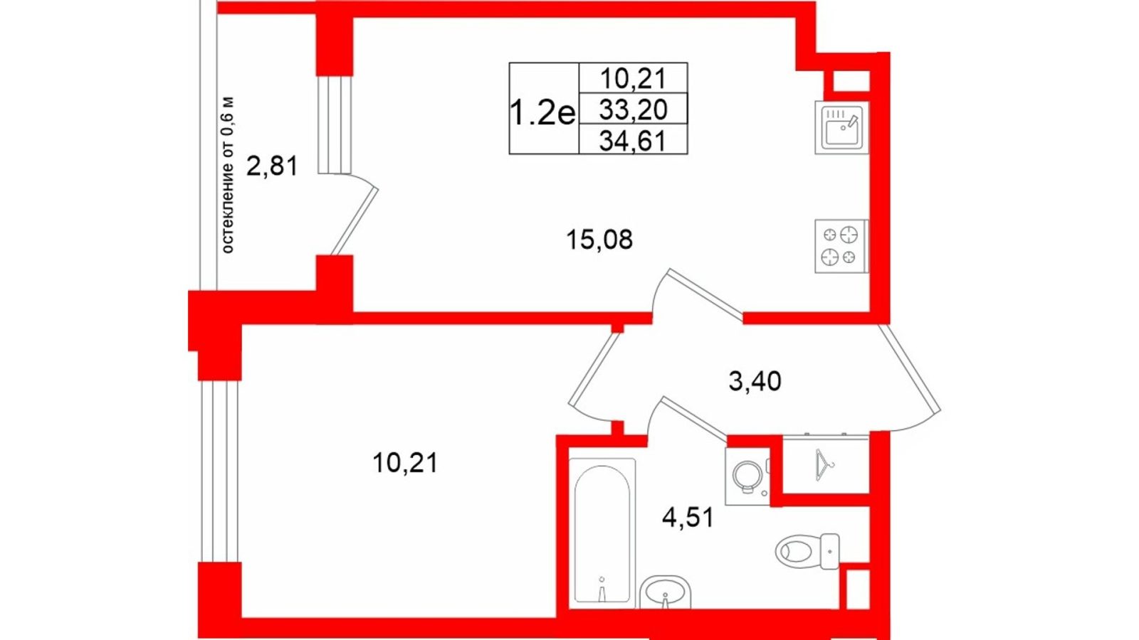 Планировка: 1-комнатная квартира, 33,2 м²