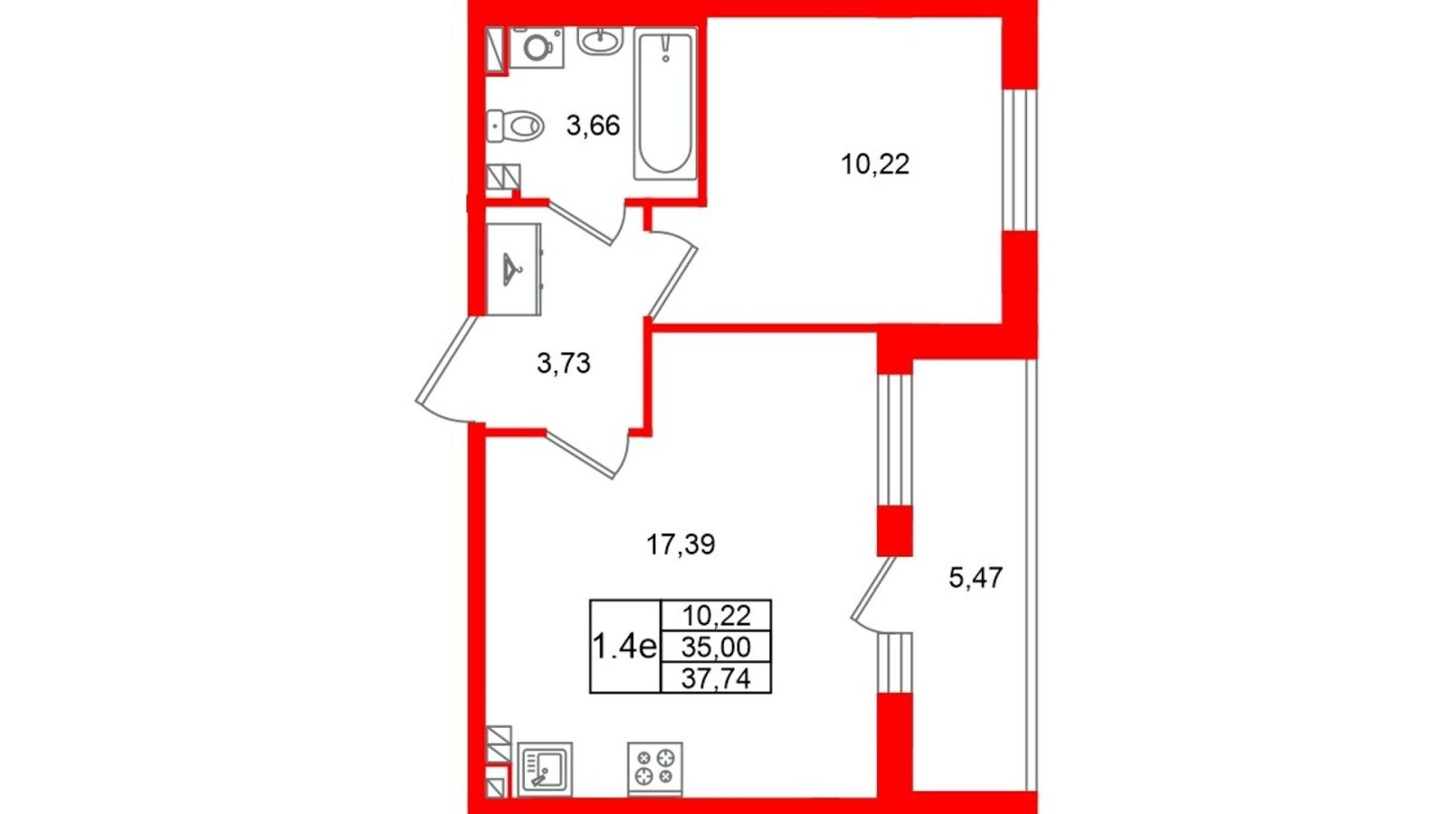Планировка: 1-комнатная квартира, 35,0 м²