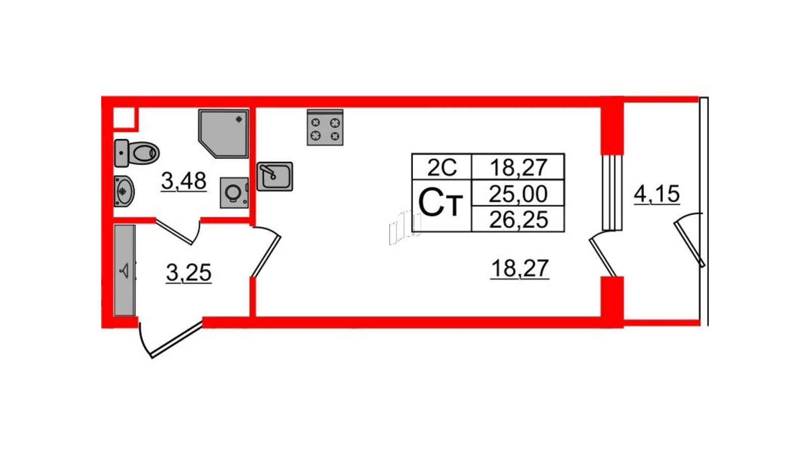 Планировка: студия, 24,6 м²
