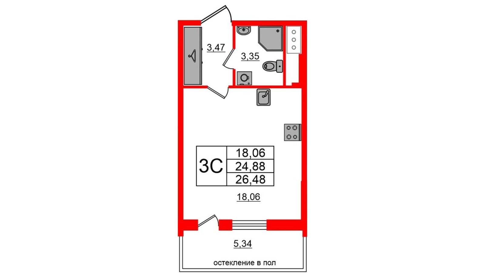 Планировка: студия, 24,9 м²