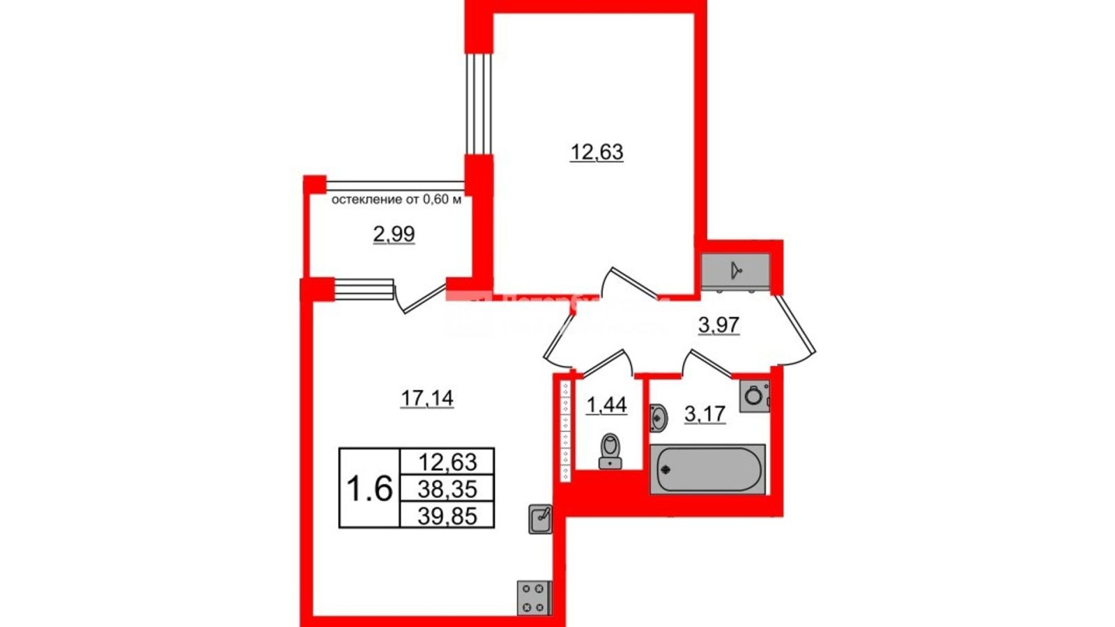 Планировка: 1-комнатная квартира, 38,4 м²