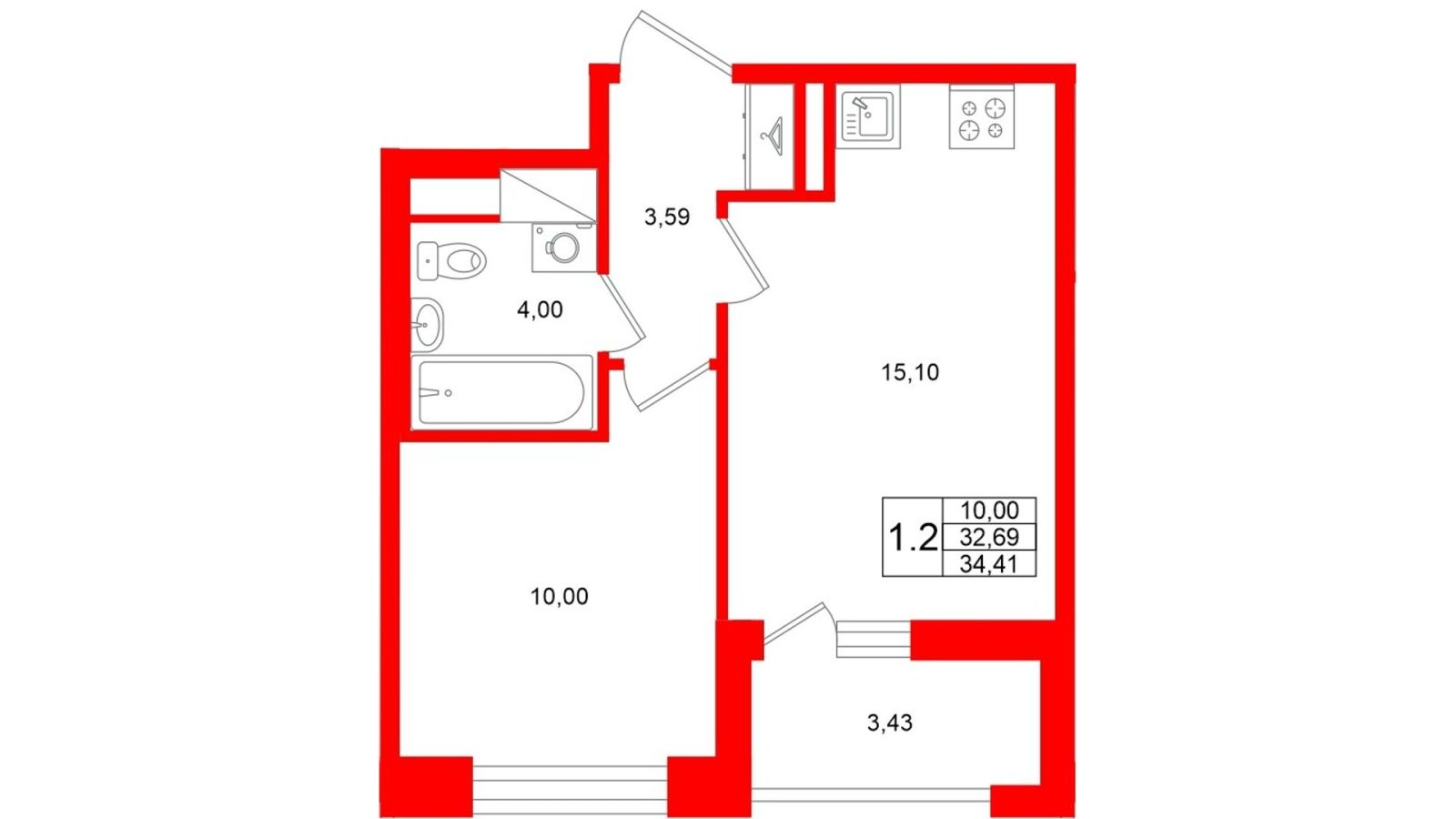 Планировка: 1-комнатная квартира, 32,7 м²