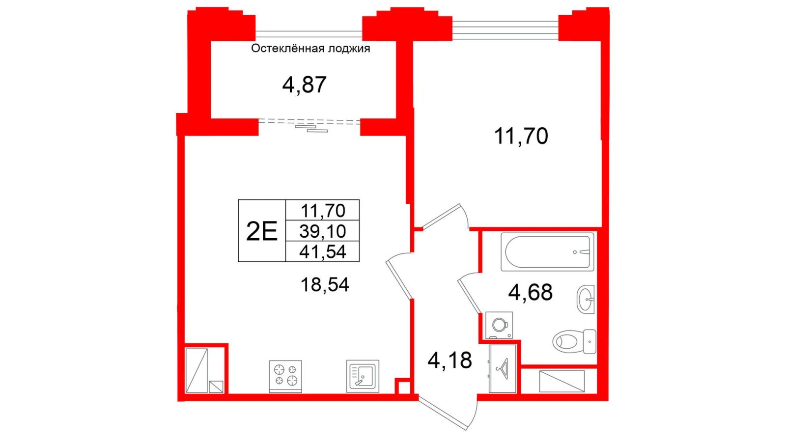 Планировка: 1-комнатная квартира, 39,1 м²