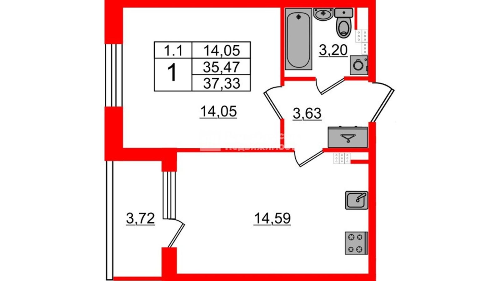 Планировка: 1-комнатная квартира, 34,9 м²