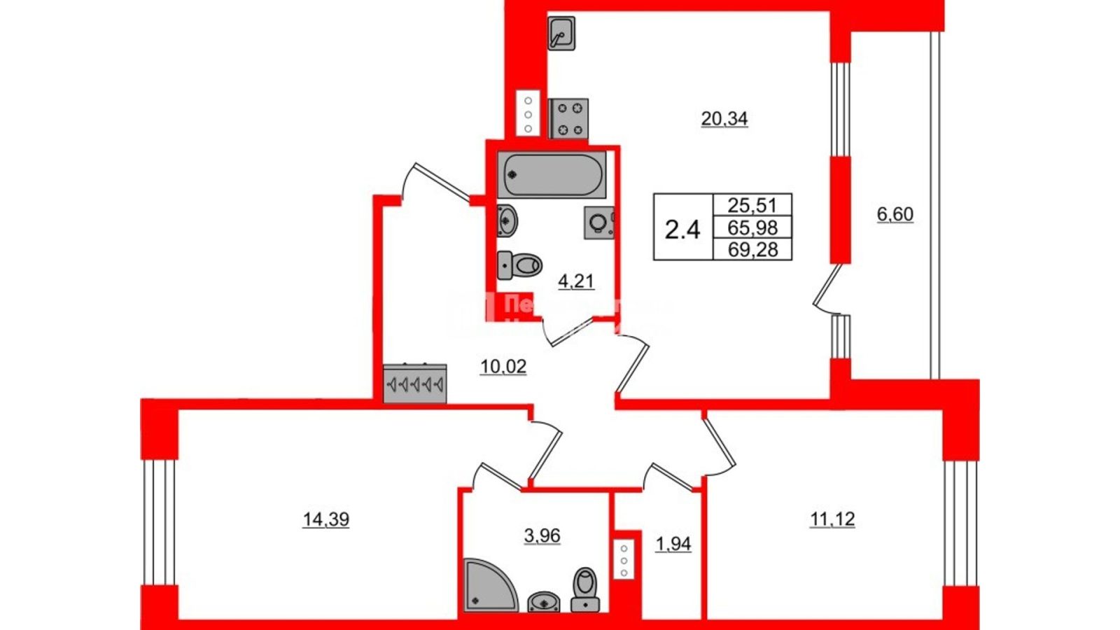 Планировка: 2-комнатная квартира, 66,0 м²