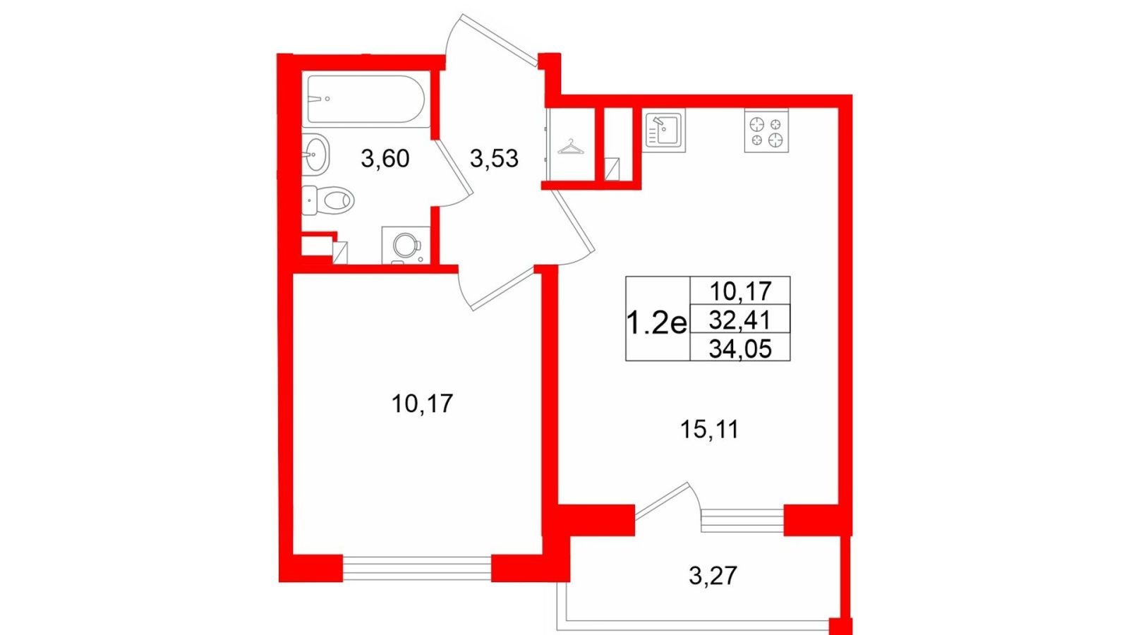 Планировка: 1-комнатная квартира, 32,4 м²