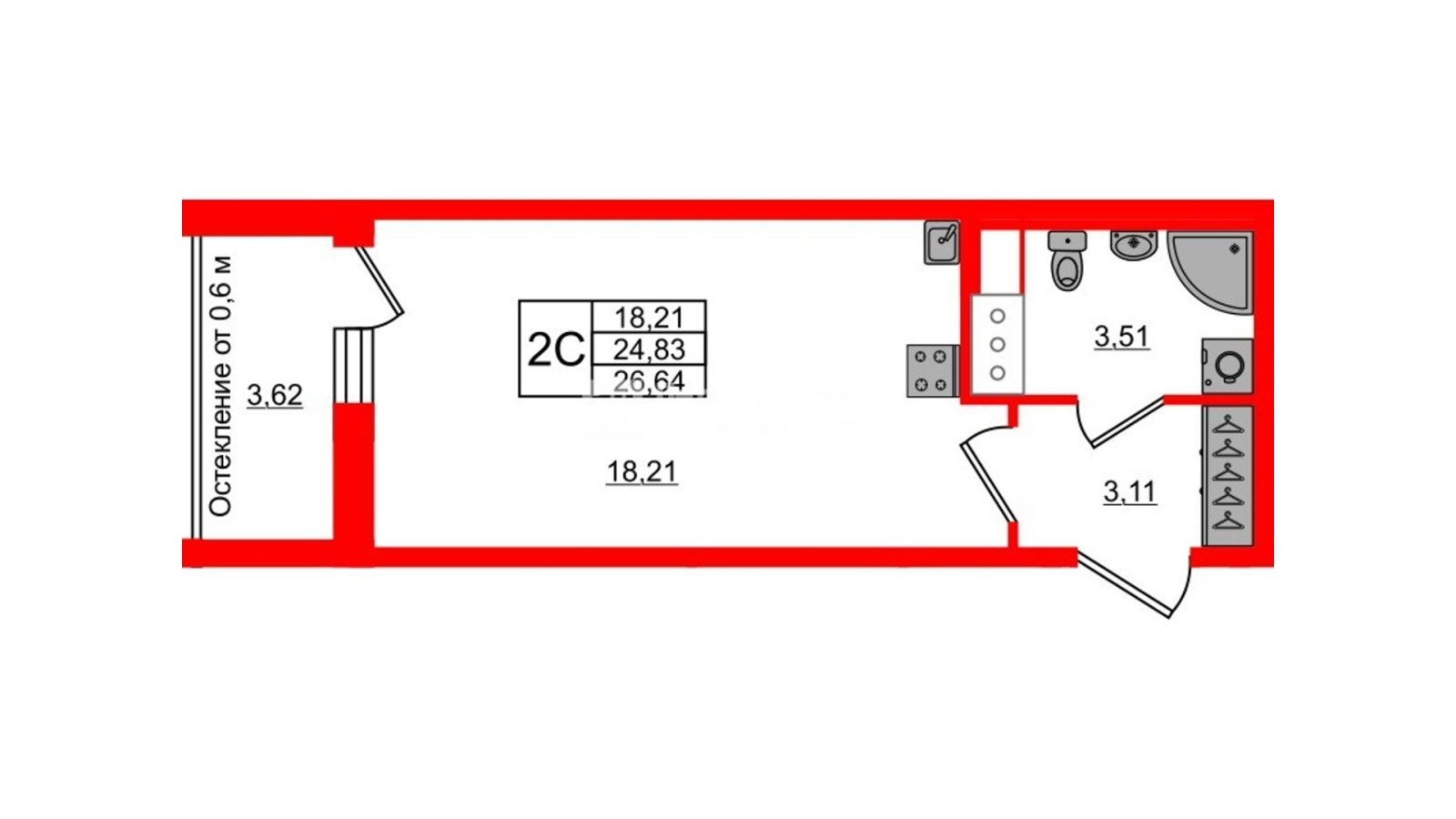 Планировка: студия, 24,8 м²