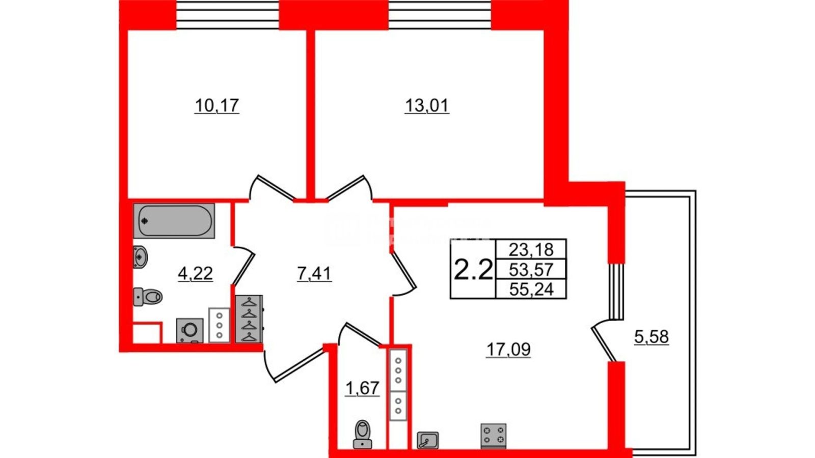 Планировка: 2-комнатная квартира, 53,6 м²