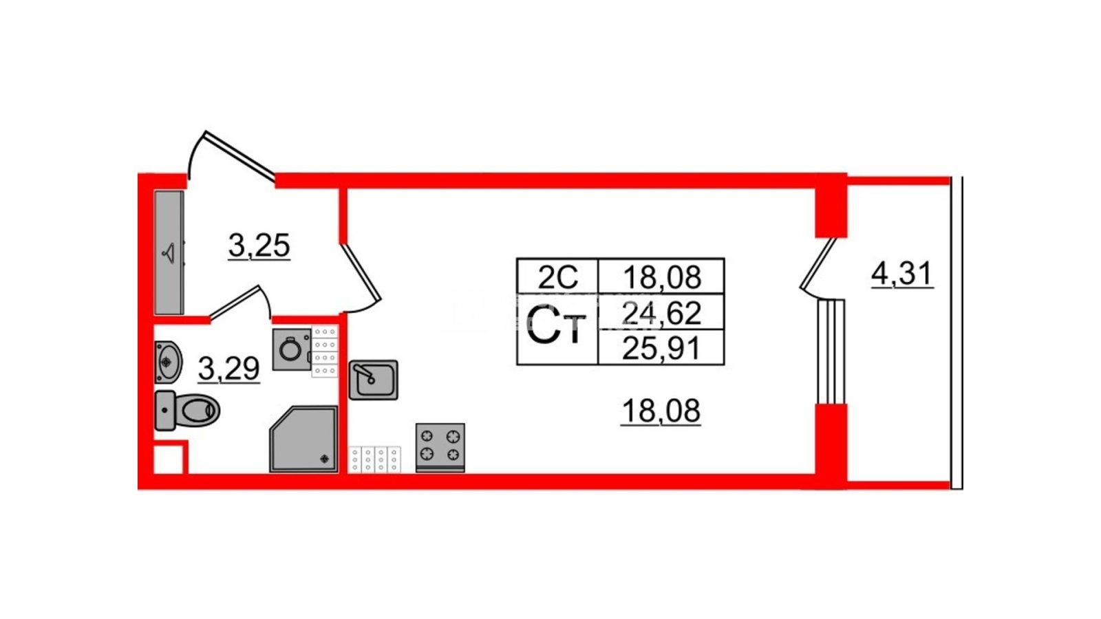 Планировка: студия, 24,1 м²