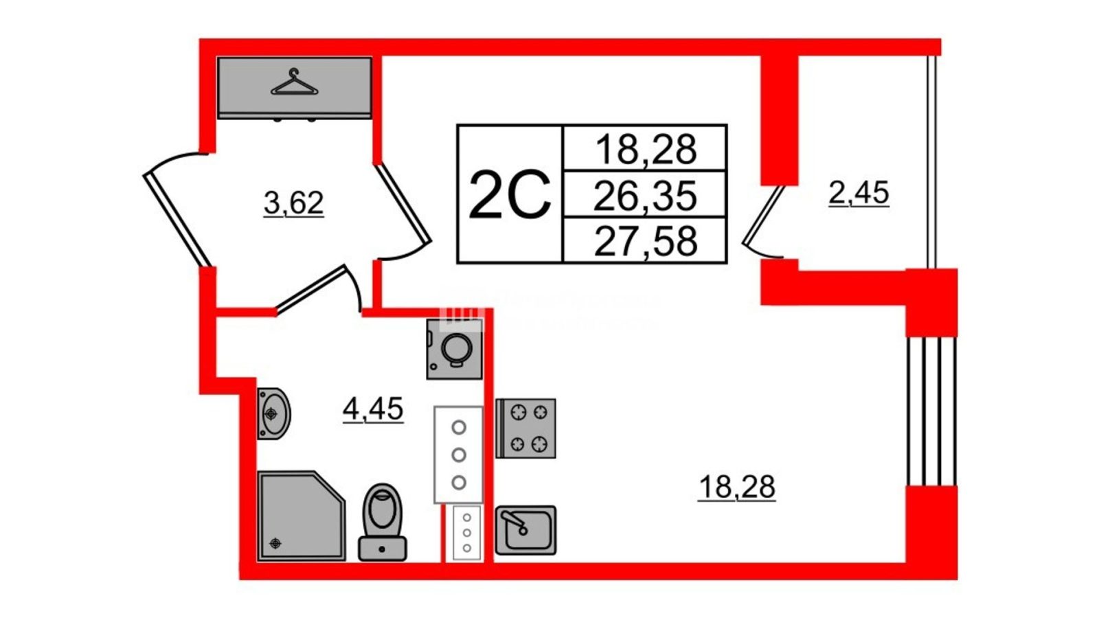 Планировка: студия, 25,6 м²