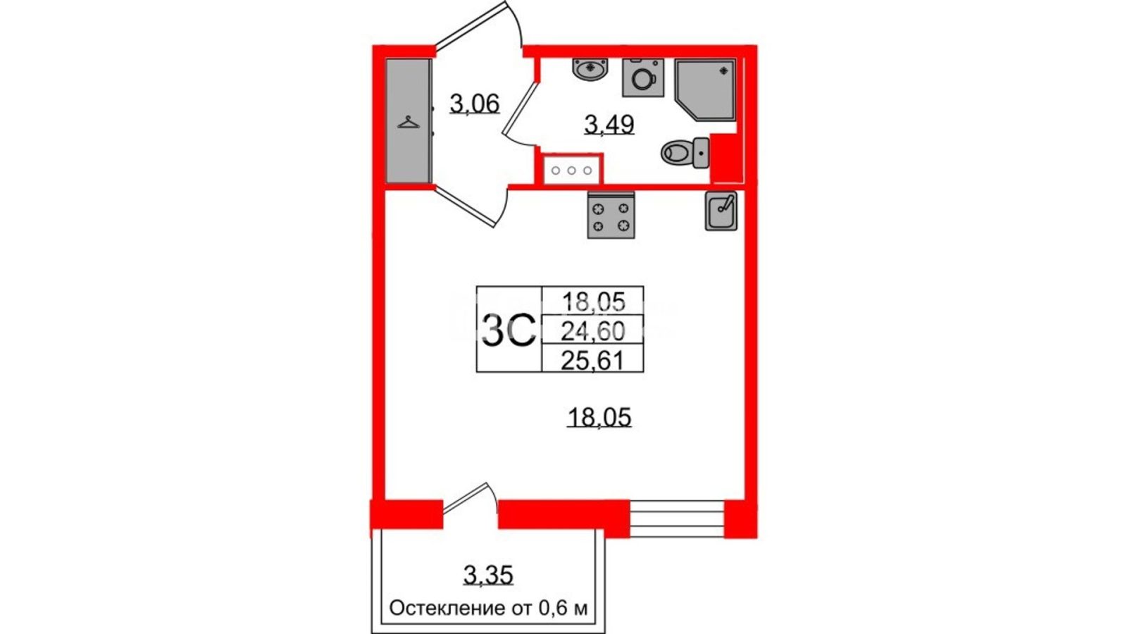Планировка: студия, 24,6 м²