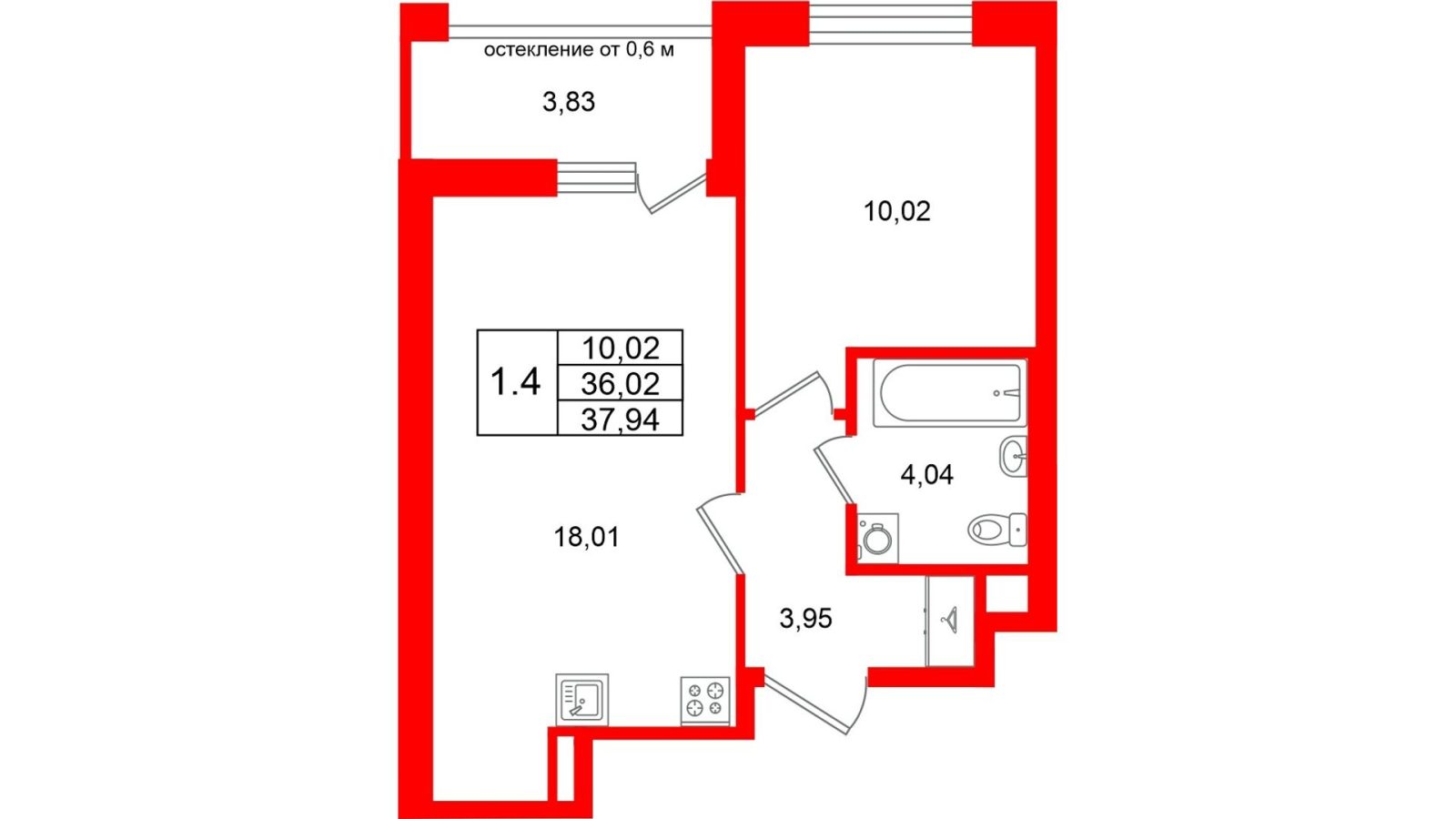 Планировка: 1-комнатная квартира, 36,0 м²