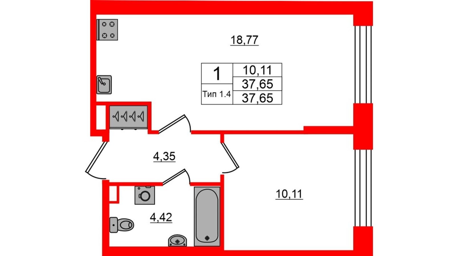 Планировка: 1-комнатная квартира, 37,7 м²