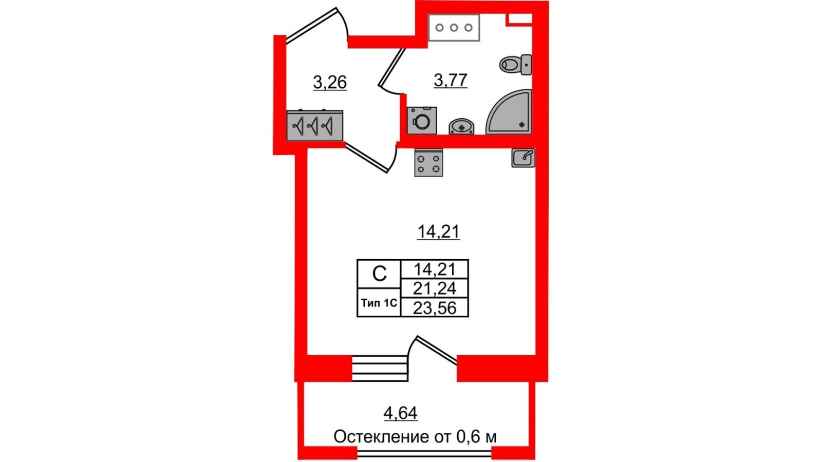 Планировка: студия, 21,2 м²