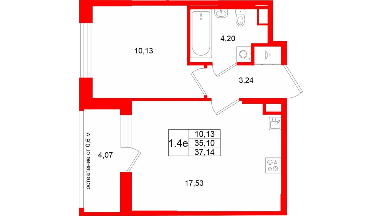 Планировка: 1-комнатная квартира, 35,1 м²