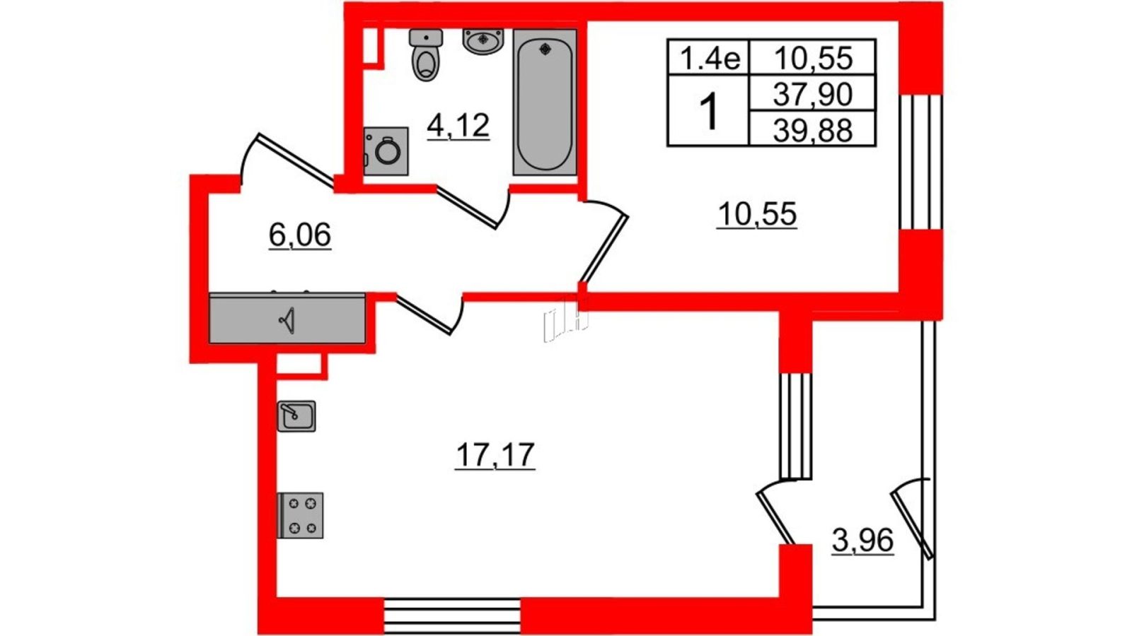 Планировка: 1-комнатная квартира, 37,9 м²