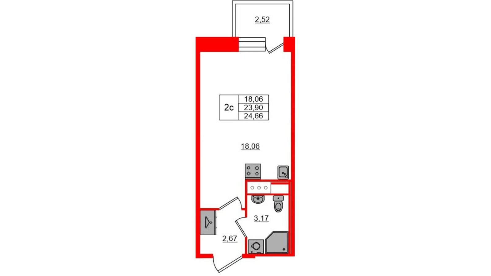 Планировка: студия, 23,9 м²