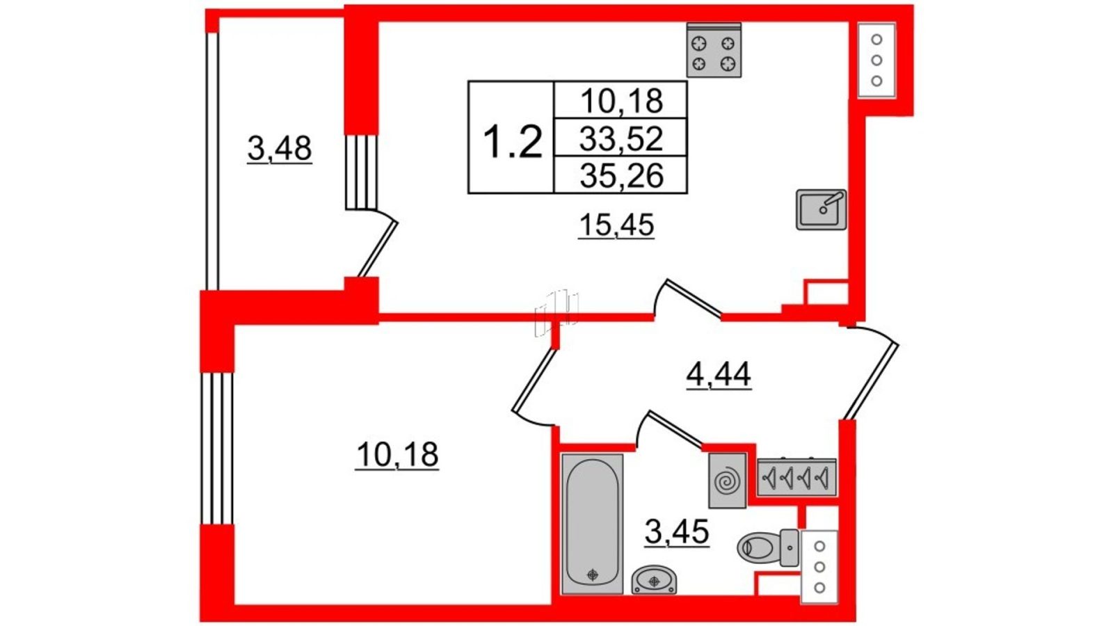 Планировка: 1-комнатная квартира, 33,1 м²