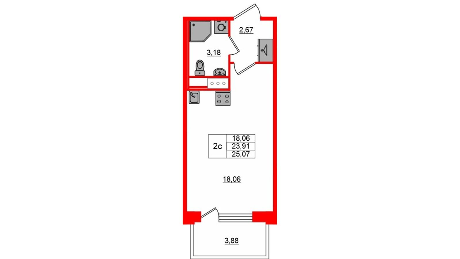 Планировка: студия, 23,9 м²