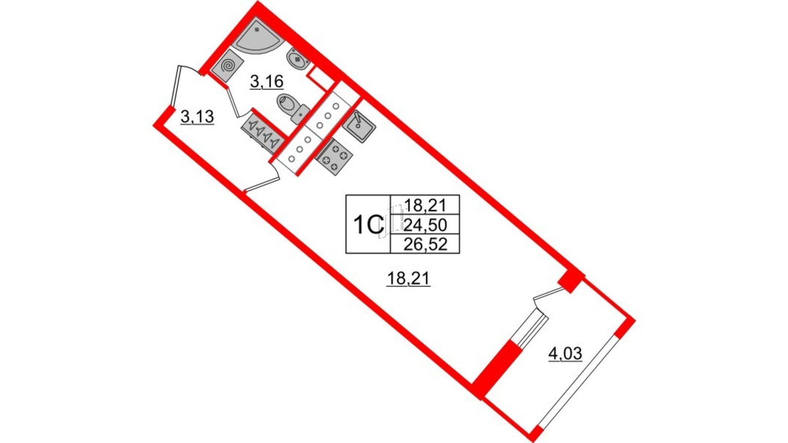 Планировка: студия, 24,5 м²