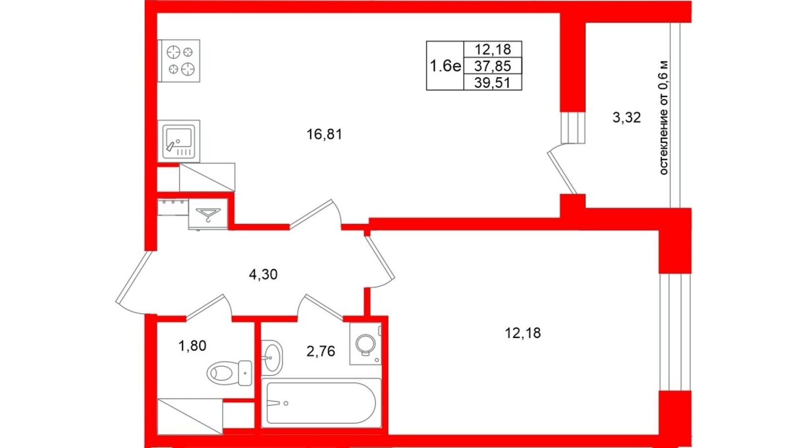 Планировка: 1-комнатная квартира, 37,9 м²
