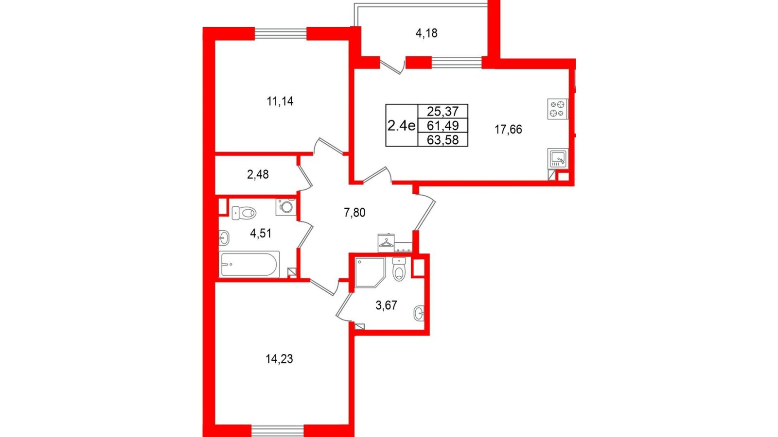 Планировка: 2-комнатная квартира, 61,5 м²