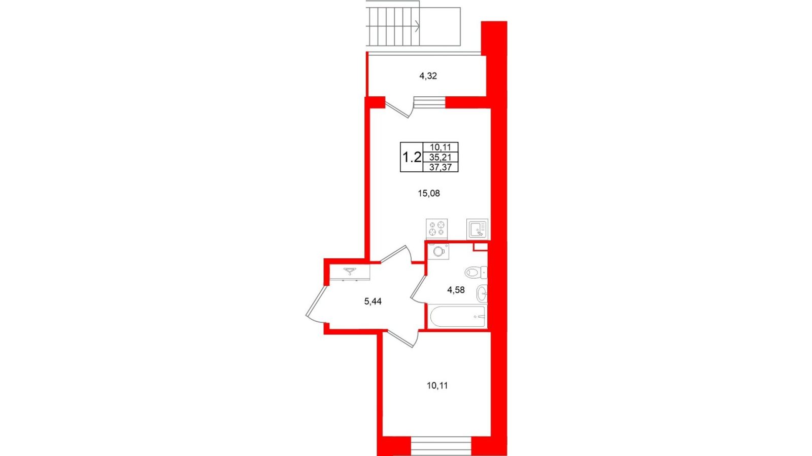 Планировка: 1-комнатная квартира, 35,2 м²