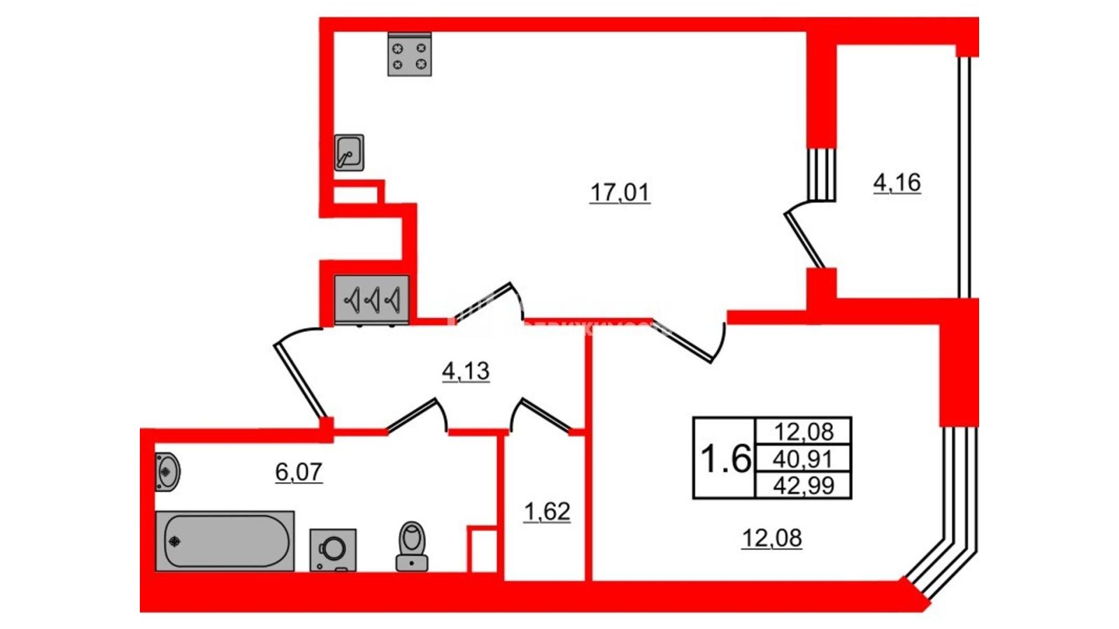 Планировка: 1-комнатная квартира, 40,9 м²