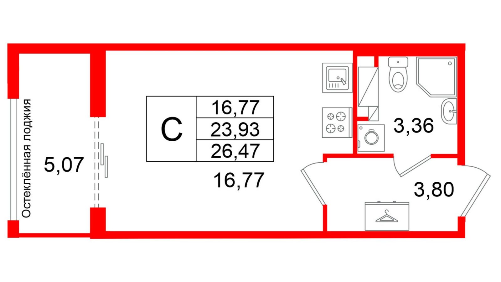 Планировка: студия, 23,9 м²