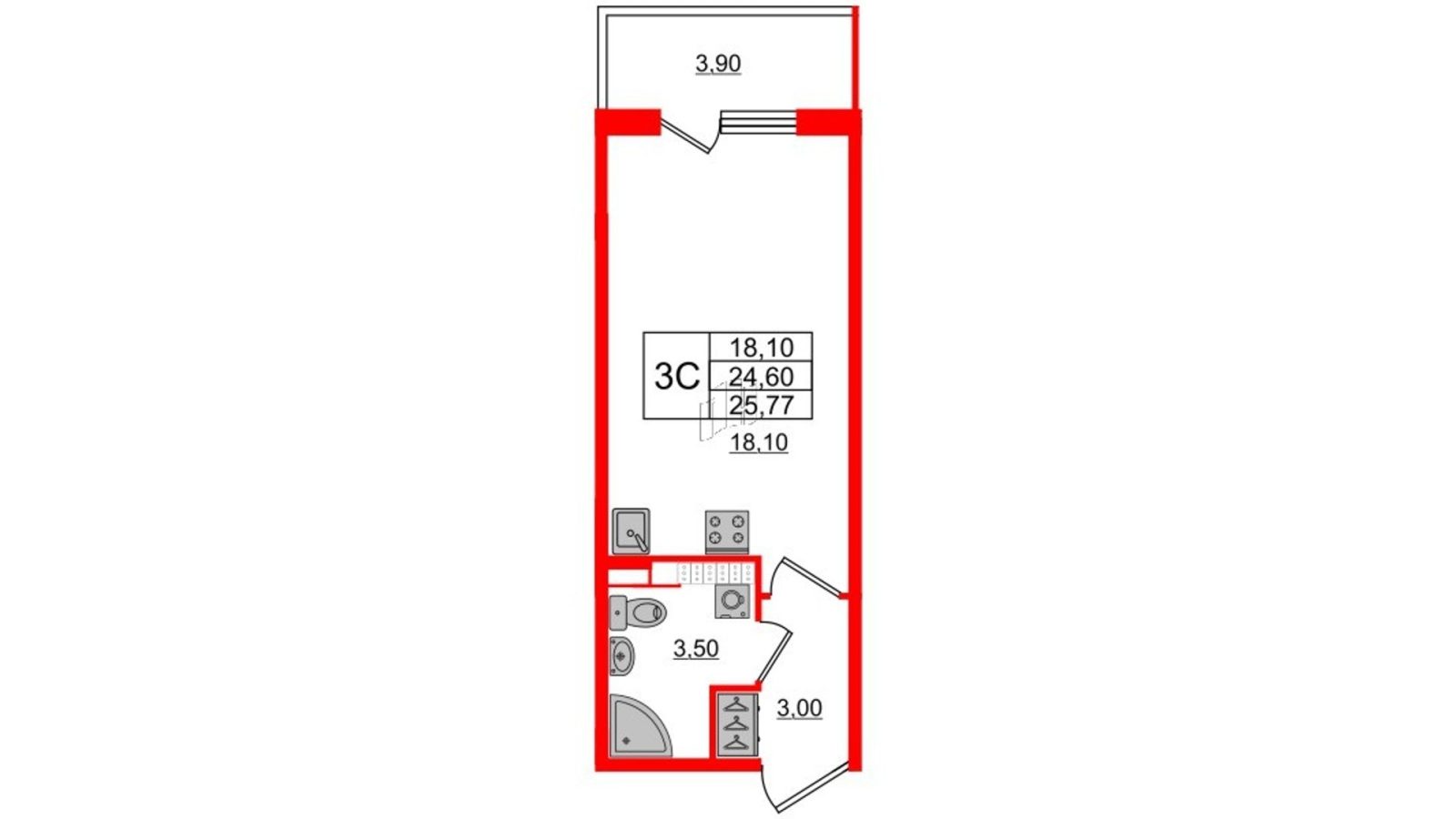 Планировка: студия, 24,6 м²