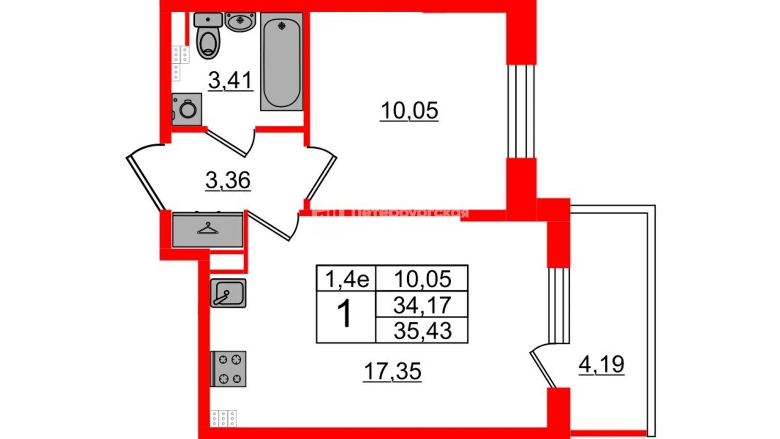 Планировка: 1-комнатная квартира, 33,9 м²