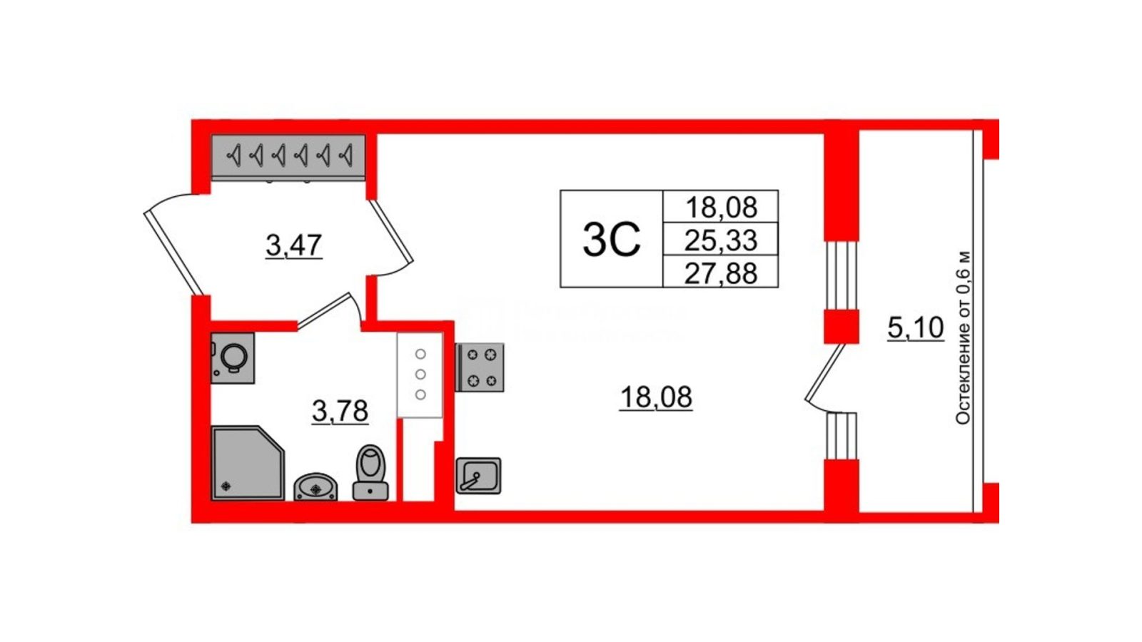 Планировка: студия, 25,3 м²