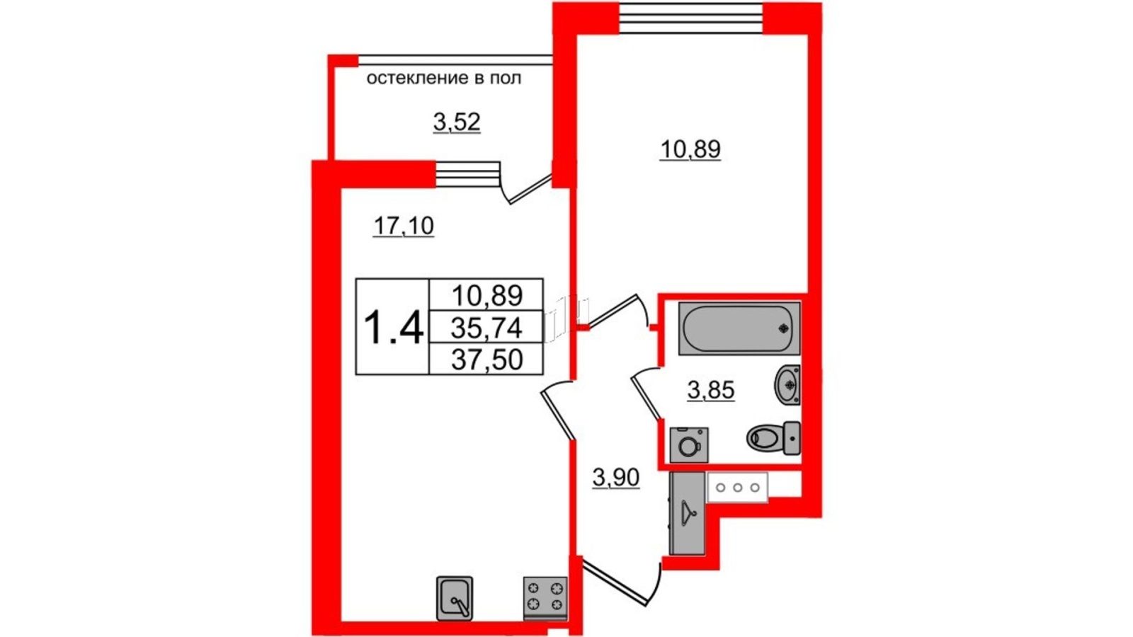 Планировка: 1-комнатная квартира, 35,7 м²