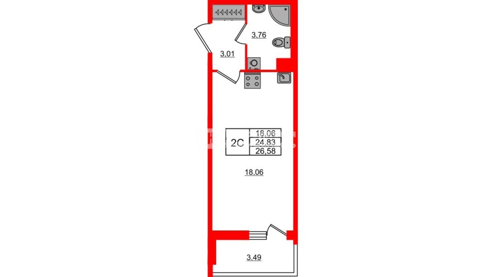 Планировка: студия, 24,8 м²