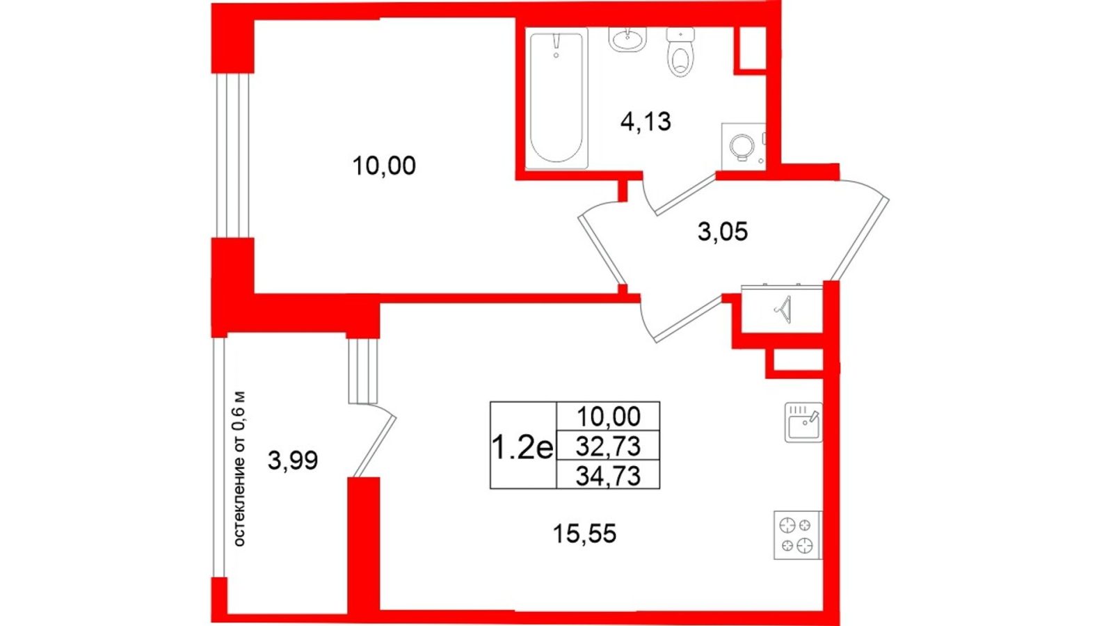 Планировка: 1-комнатная квартира, 32,7 м²