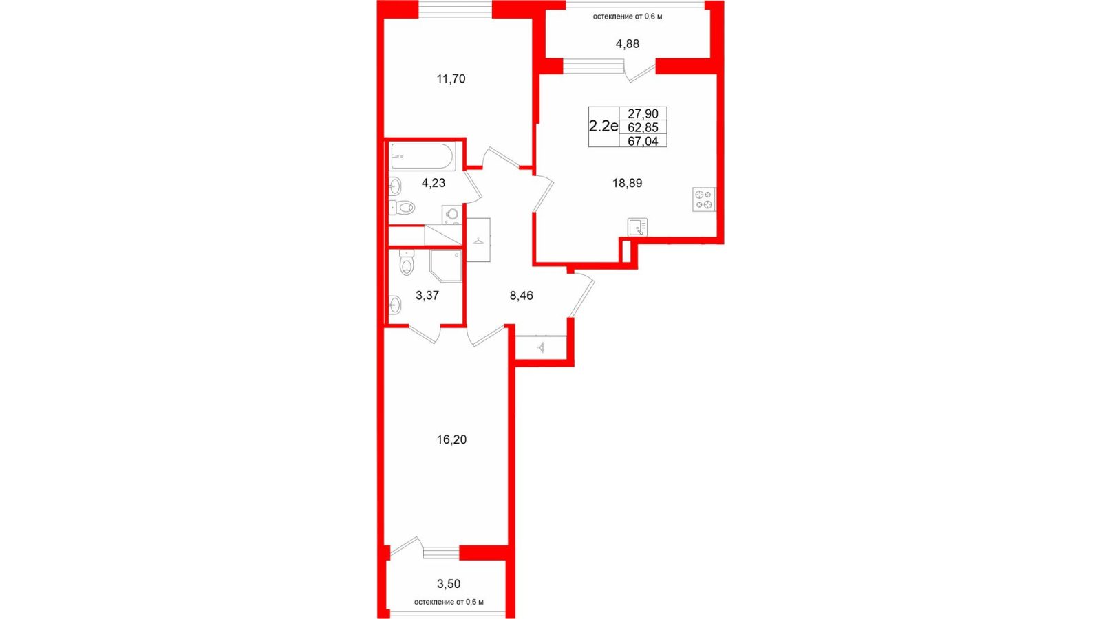 Планировка: 2-комнатная квартира, 62,9 м²