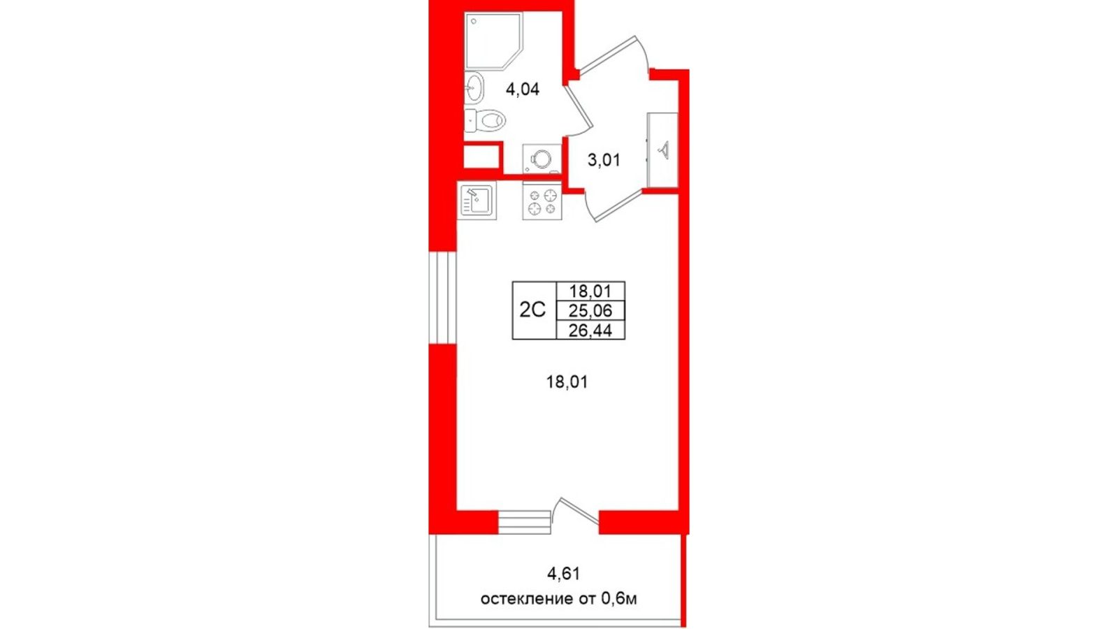 Планировка: студия, 25,1 м²