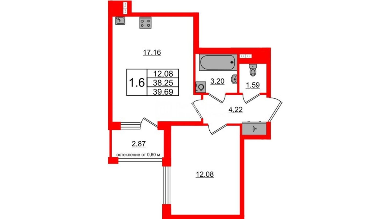 Планировка: 1-комнатная квартира, 38,3 м²