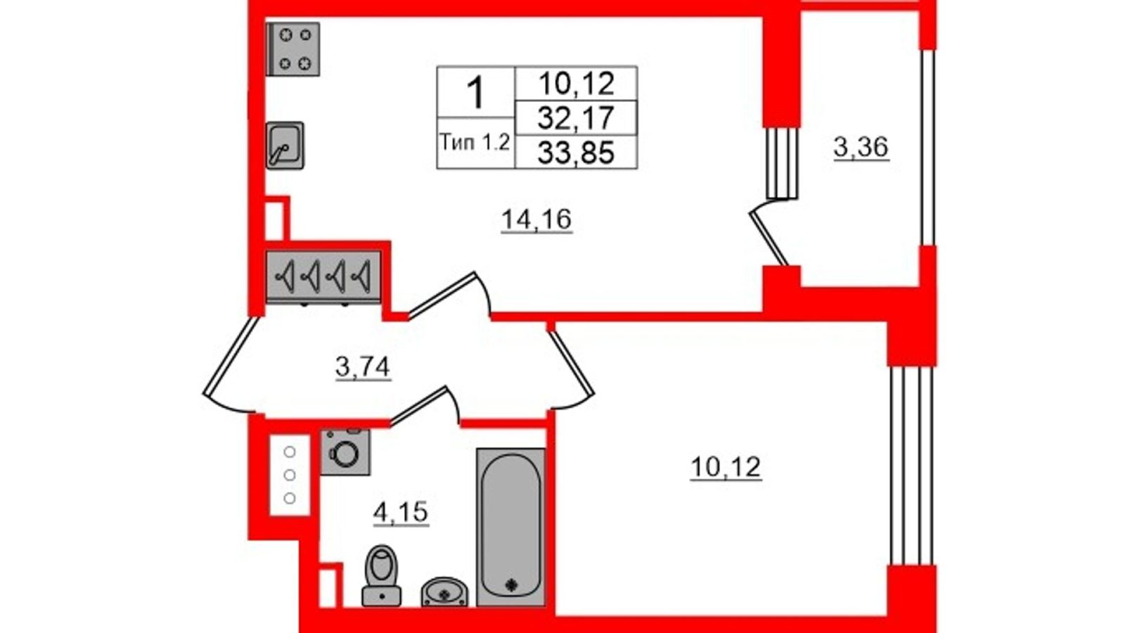 Планировка: 1-комнатная квартира, 32,2 м²