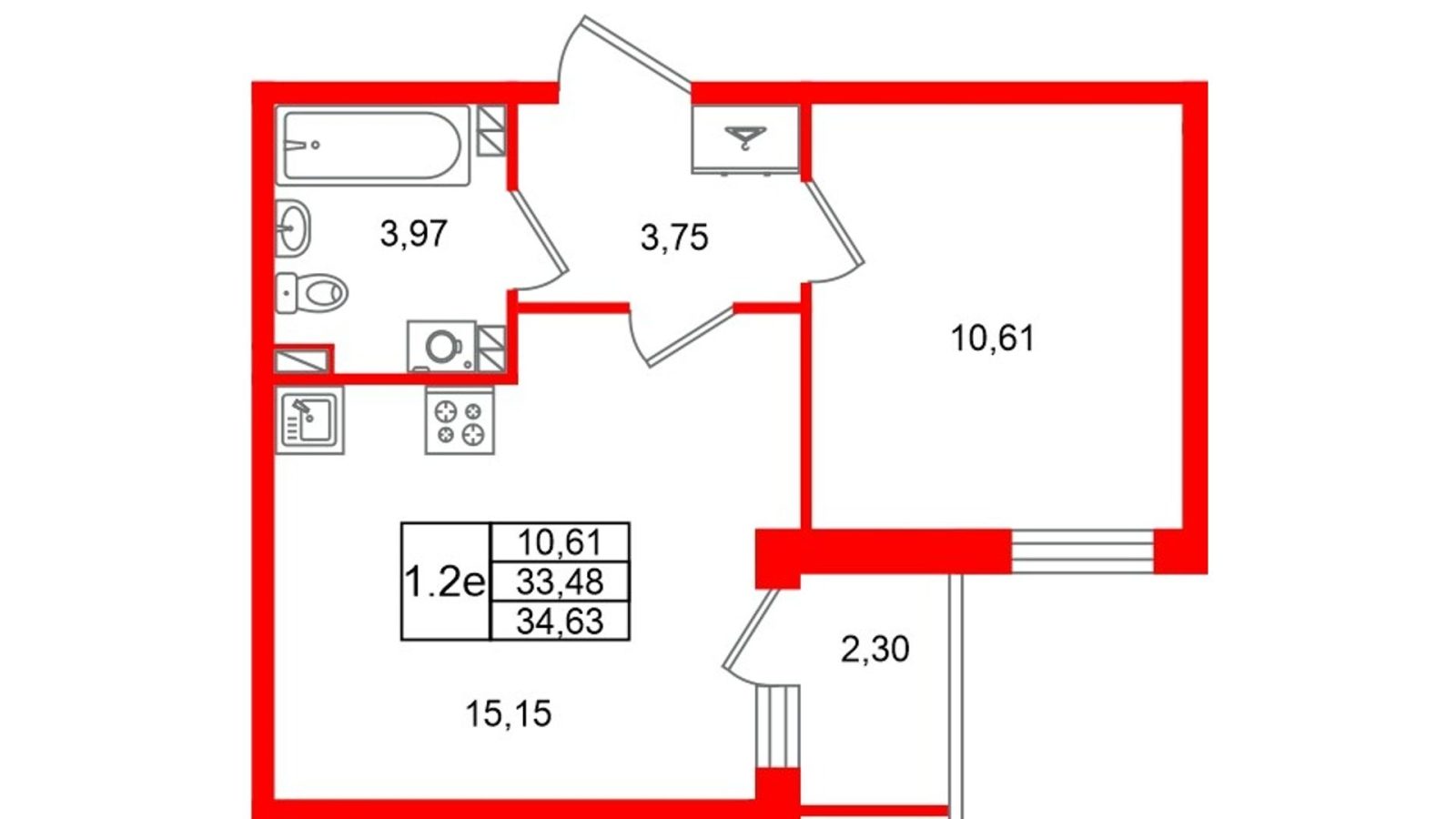 Планировка: 1-комнатная квартира, 33,5 м²